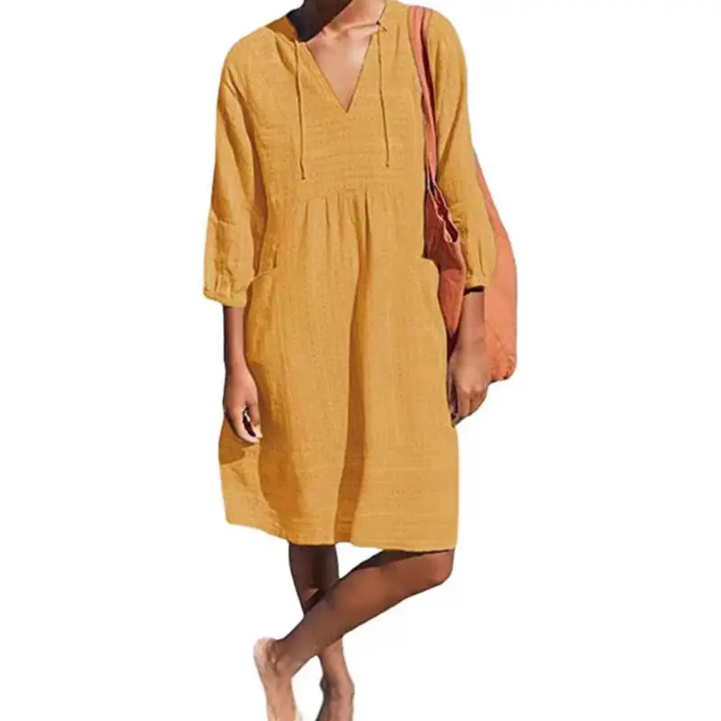 Yellow V-Neck Loose Sleeve Casual Dress - Image 10