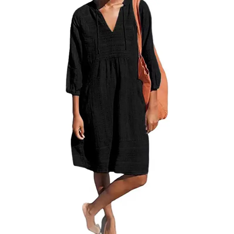 Yellow V-Neck Loose Sleeve Casual Dress - Image 11