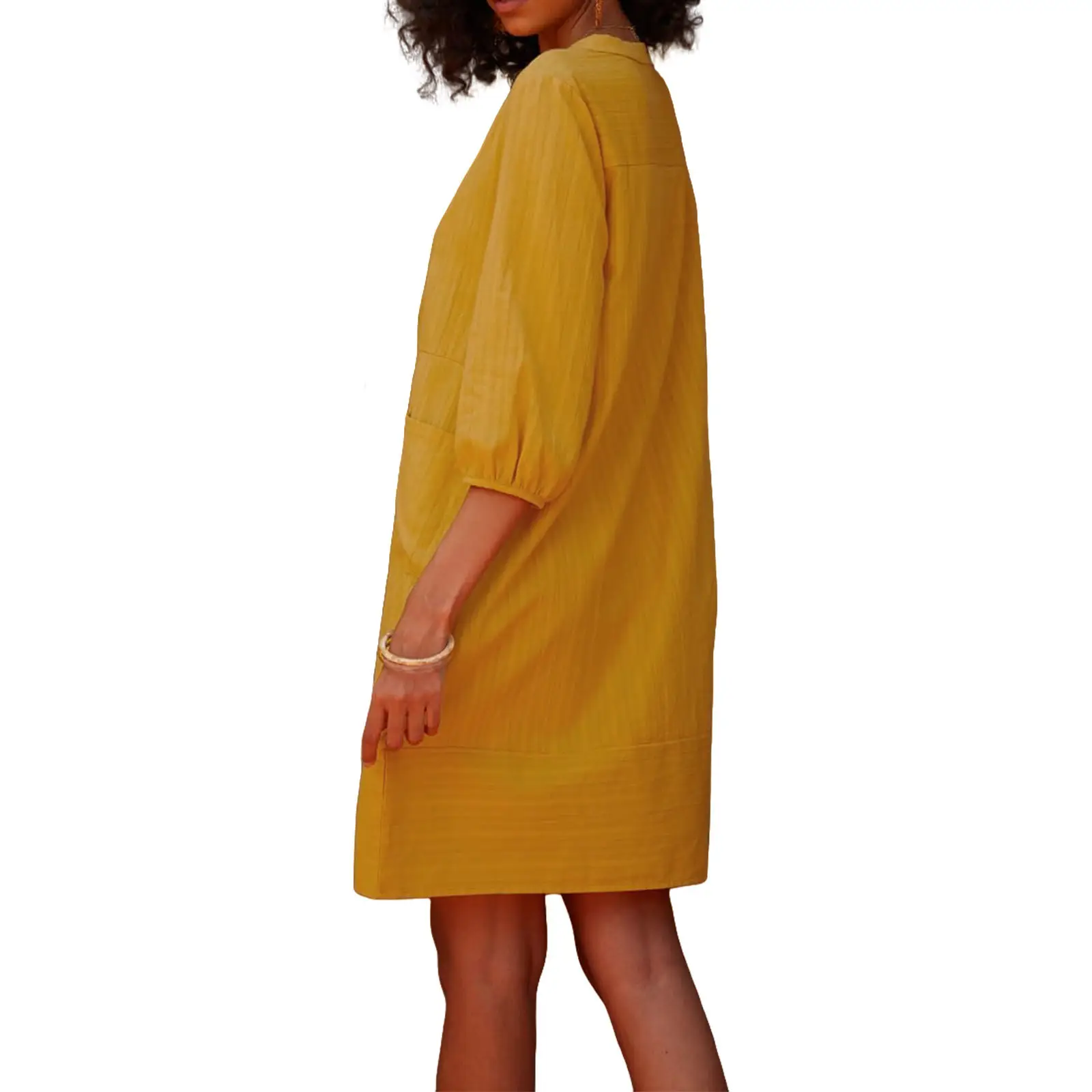 Yellow V-Neck Loose Sleeve Casual Dress — feature 1
