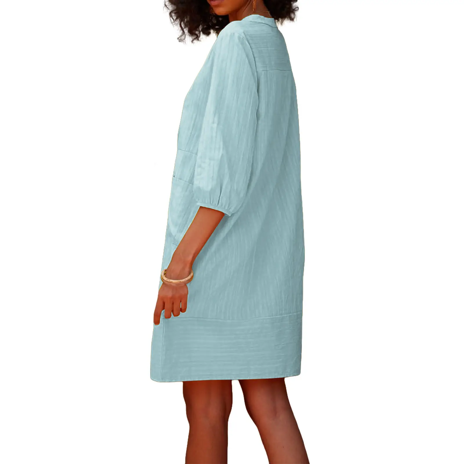 Yellow V-Neck Loose Sleeve Casual Dress - Image 3