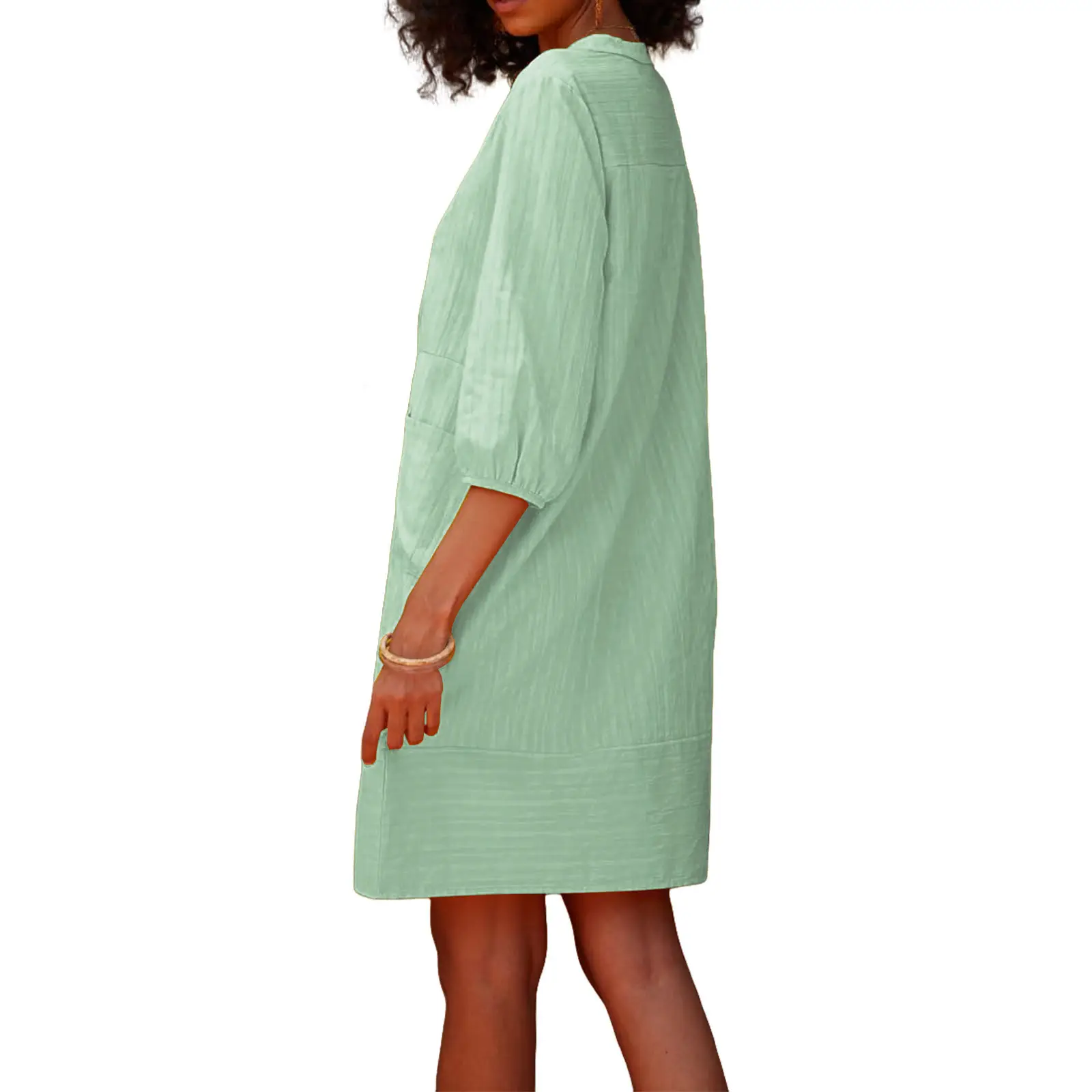 Yellow V-Neck Loose Sleeve Casual Dress - Image 4
