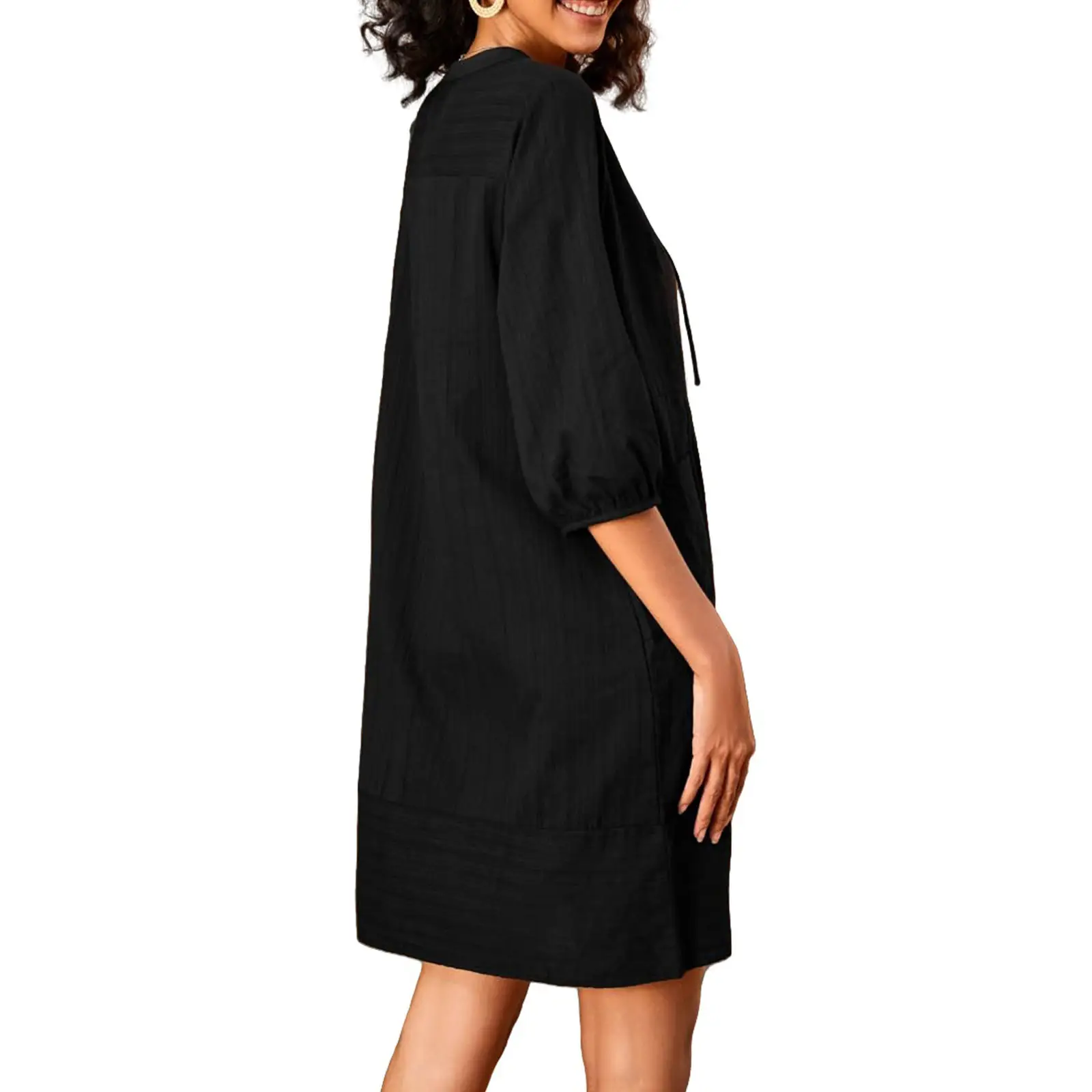 Yellow V-Neck Loose Sleeve Casual Dress - Image 5