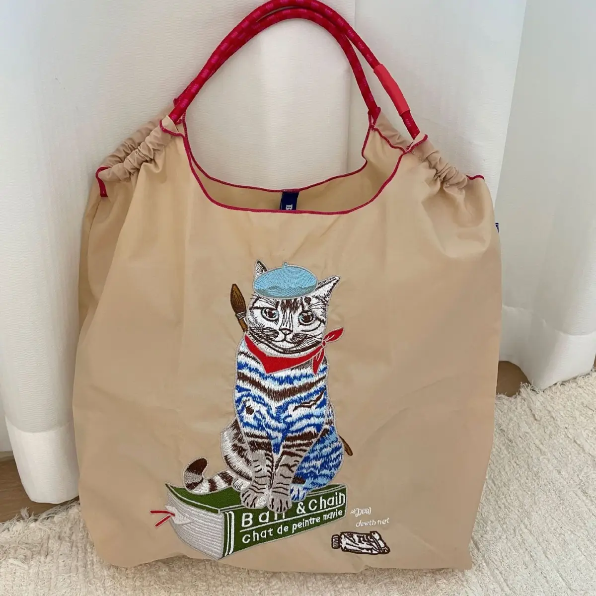 Japanese Cat Embroidered Red Tote Bag - Image 24