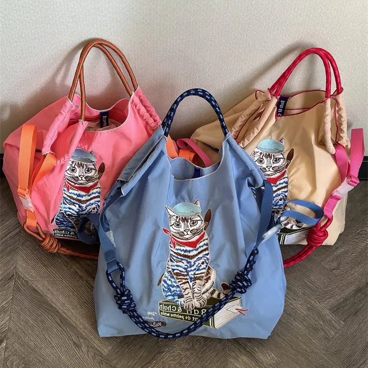 Japanese Cat Embroidered Red Tote Bag - Image 25