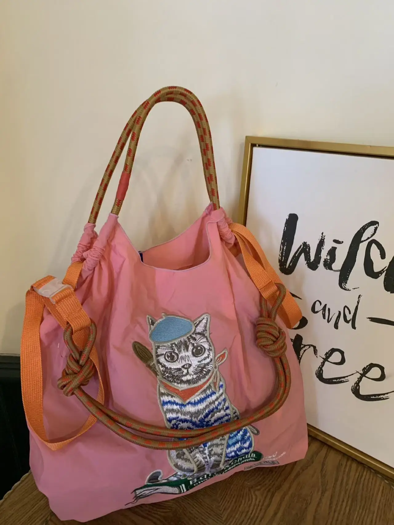 Japanese Cat Embroidered Red Tote Bag — feature 13