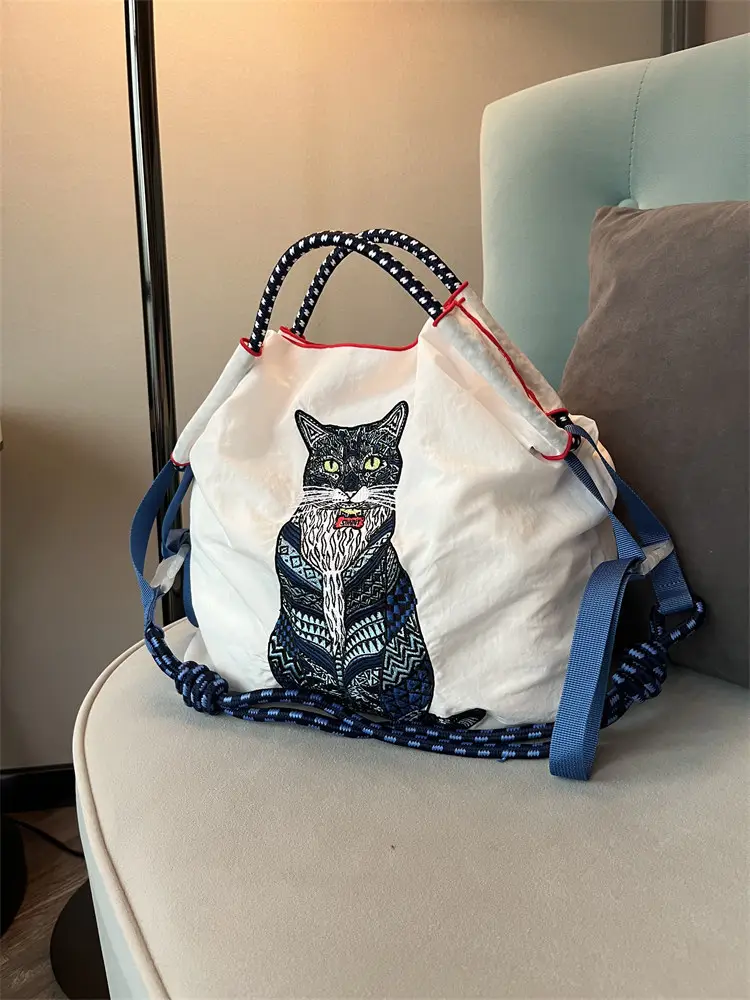 Japanese Cat Embroidered Red Tote Bag - Image 2