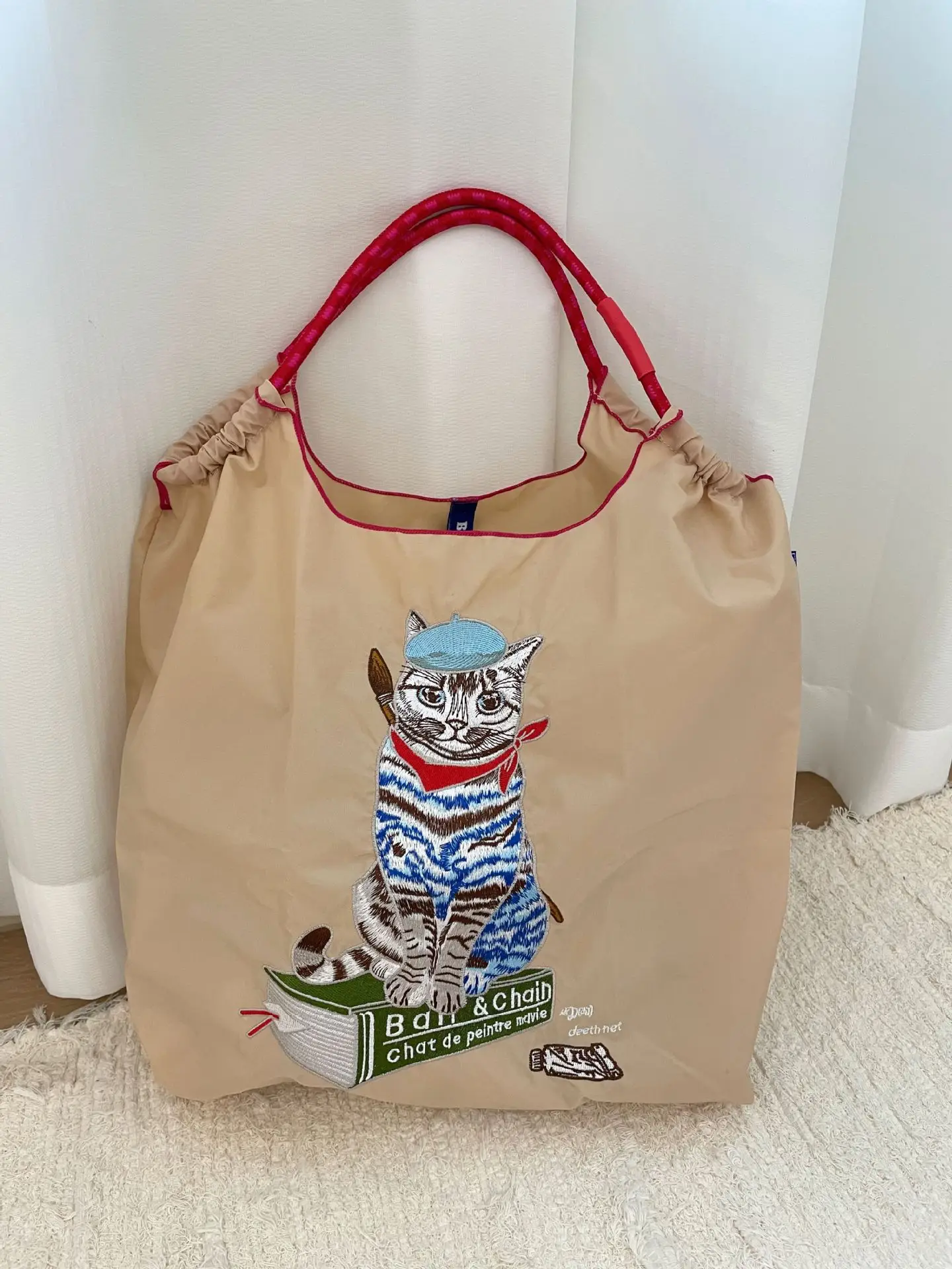 Japanese Cat Embroidered Red Tote Bag - Image 5