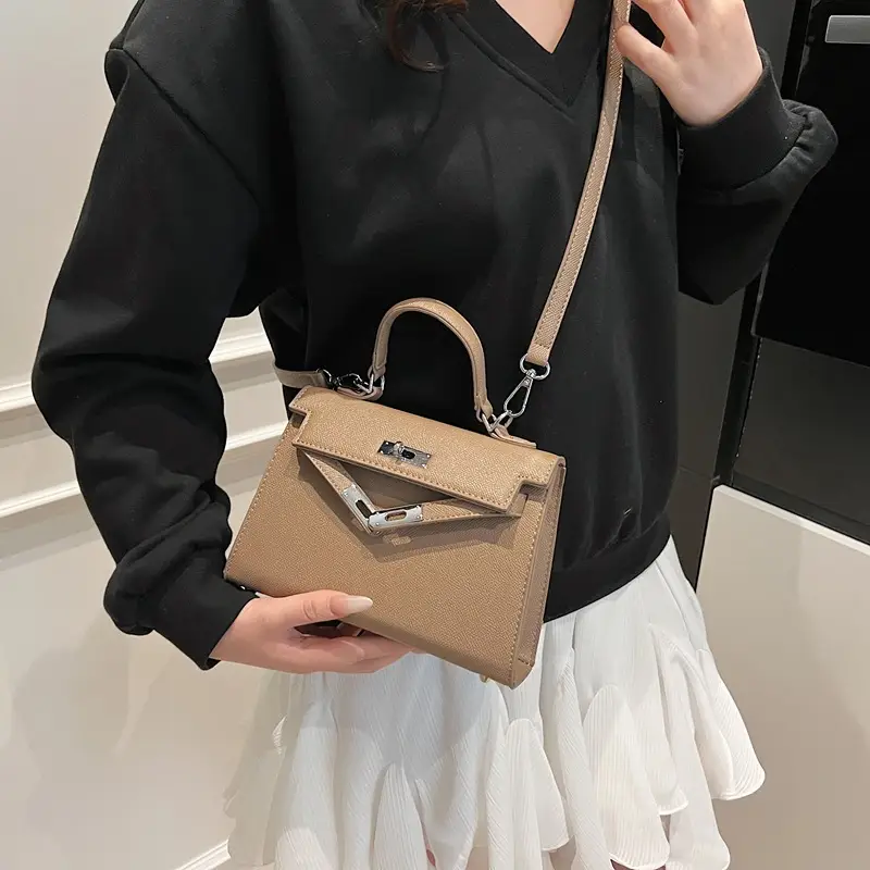Textured Lock Handbag Women Beige Silver 2025