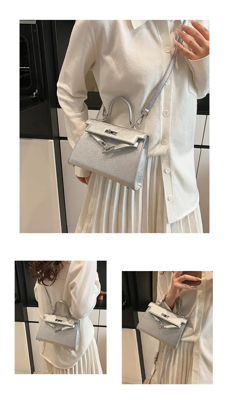 Textured Lock Handbag Women Beige Silver 2025 — feature 12