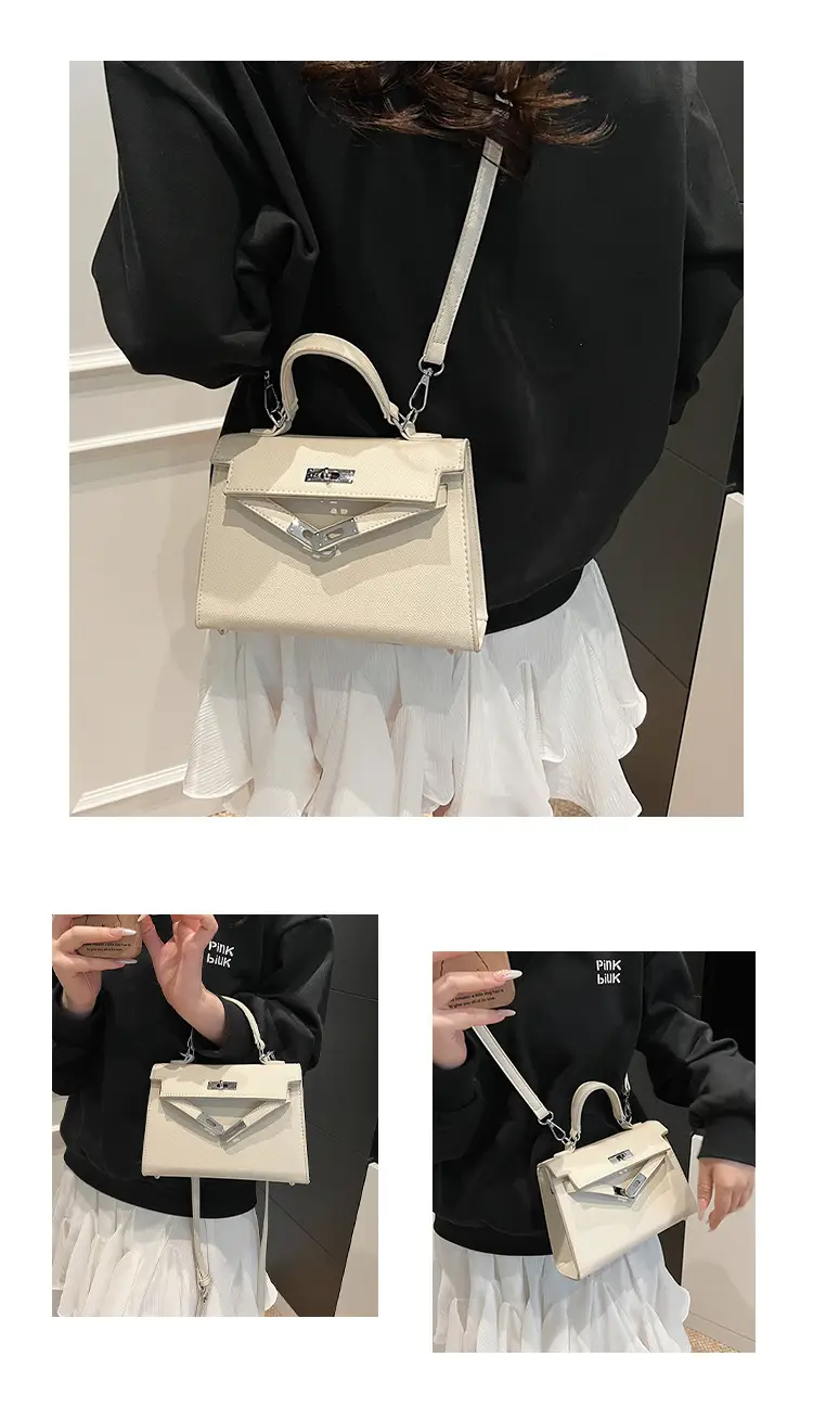 Textured Lock Handbag Women Beige Silver 2025 — feature 17