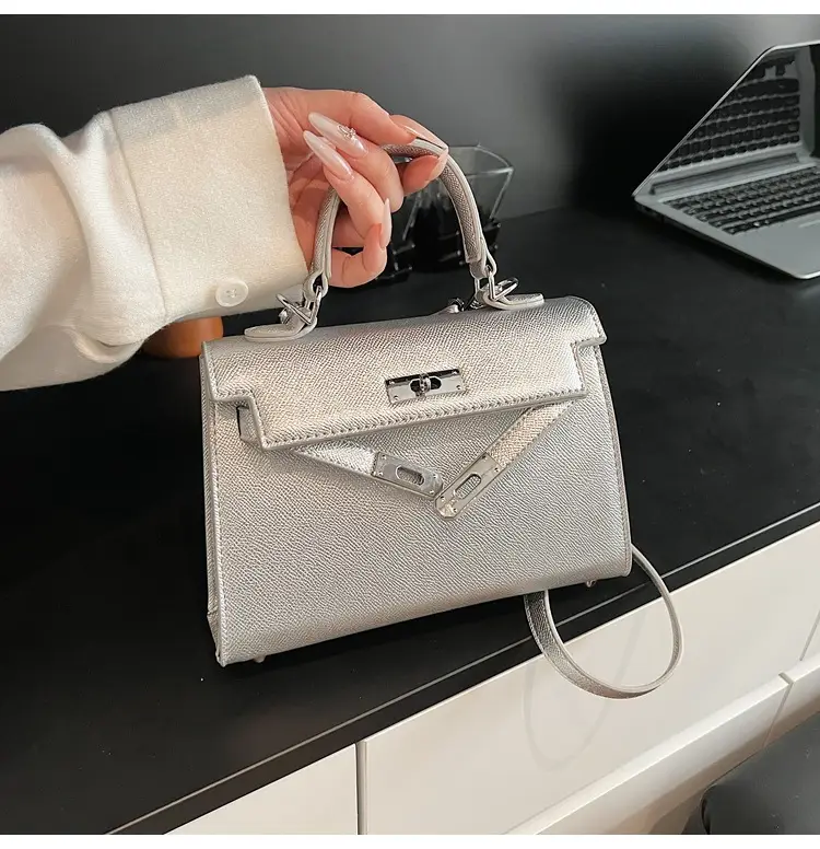 Textured Lock Handbag Women Beige Silver 2025 — feature 18