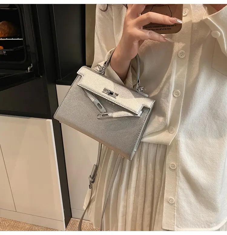 Textured Lock Handbag Women Beige Silver 2025 — feature 19
