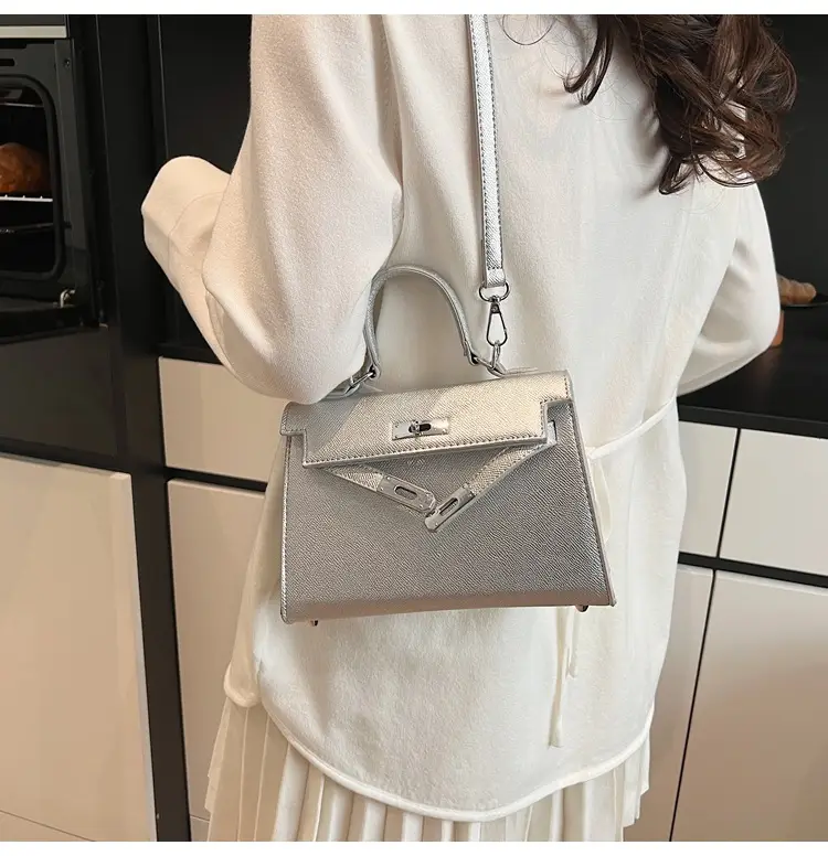 Textured Lock Handbag Women Beige Silver 2025 — feature 20