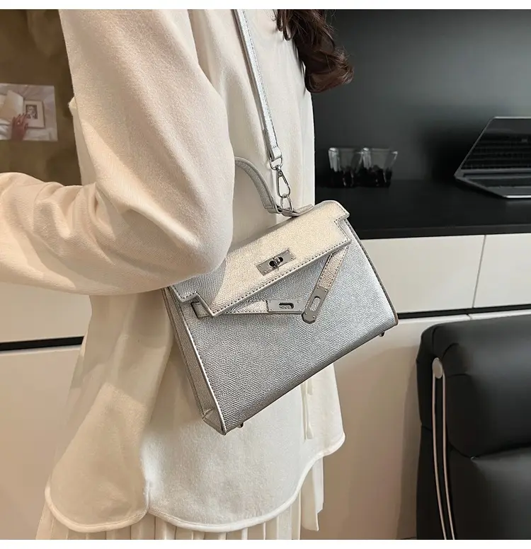 Textured Lock Handbag Women Beige Silver 2025 — feature 21
