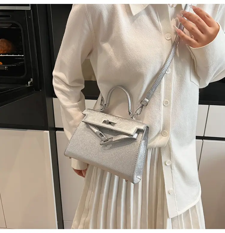 Textured Lock Handbag Women Beige Silver 2025 — feature 22