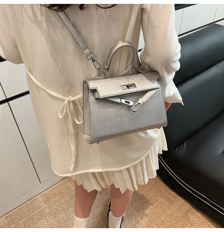 Textured Lock Handbag Women Beige Silver 2025 — feature 23