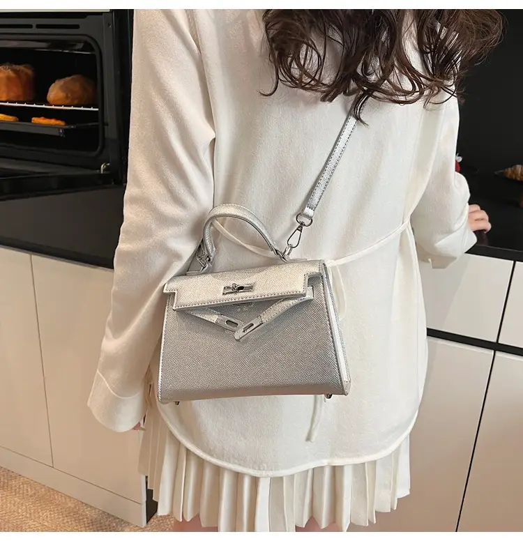Textured Lock Handbag Women Beige Silver 2025 — feature 24