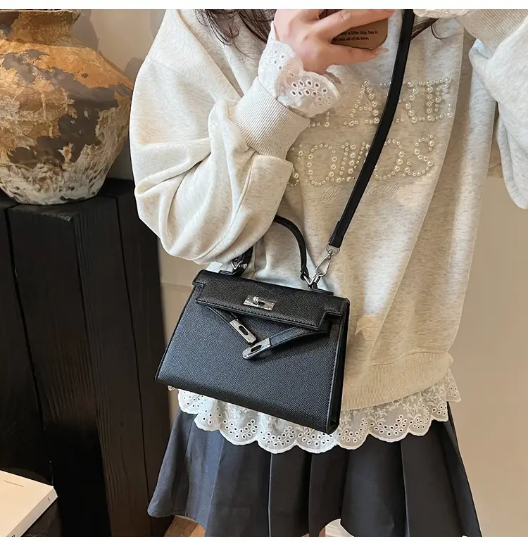 Textured Lock Handbag Women Beige Silver 2025 — feature 26