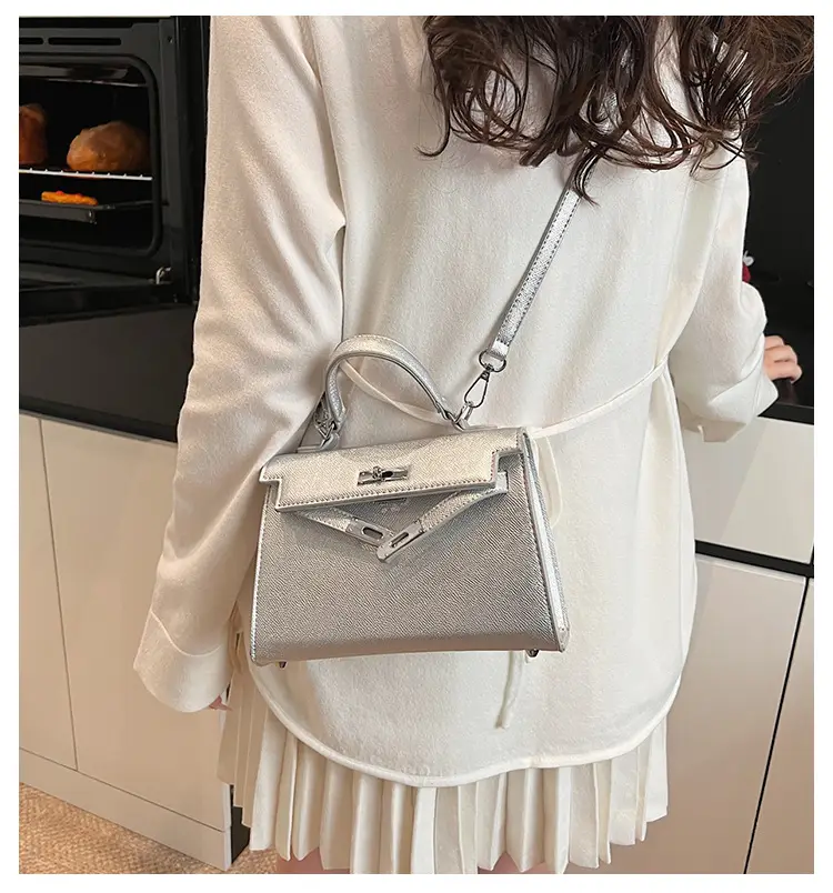 Textured Lock Handbag Women Beige Silver 2025 — feature 3