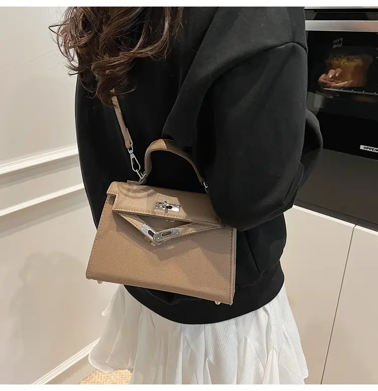 Textured Lock Handbag Women Beige Silver 2025 — feature 42