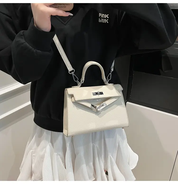 Textured Lock Handbag Women Beige Silver 2025 — feature 47