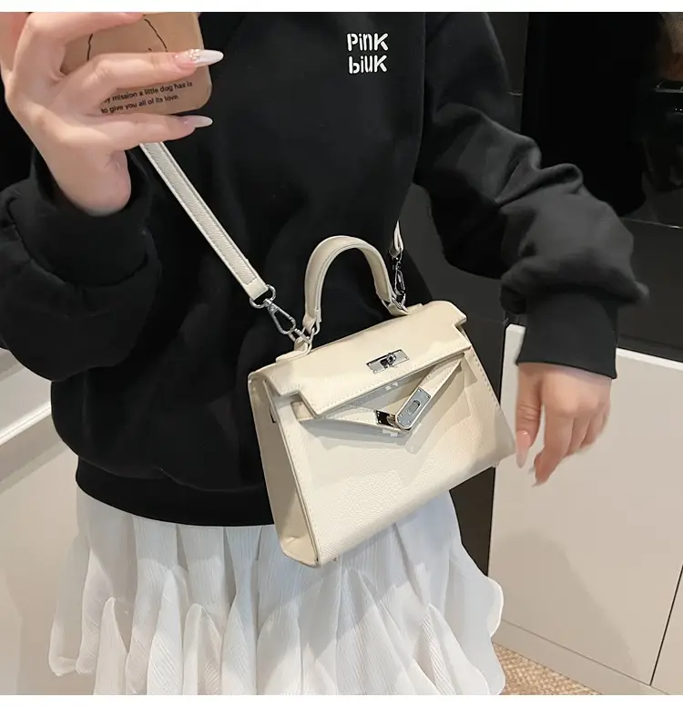 Textured Lock Handbag Women Beige Silver 2025 — feature 48