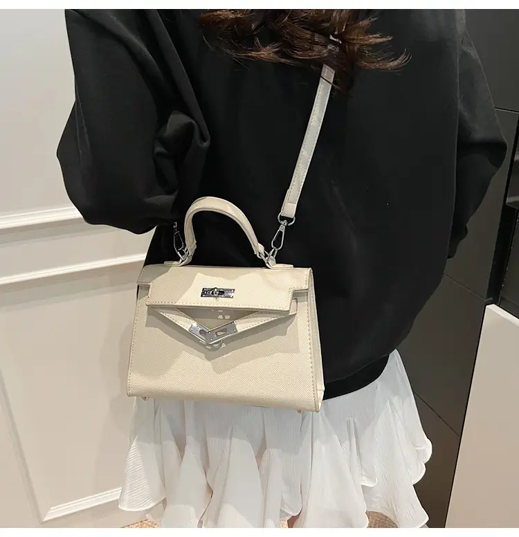 Textured Lock Handbag Women Beige Silver 2025 — feature 49