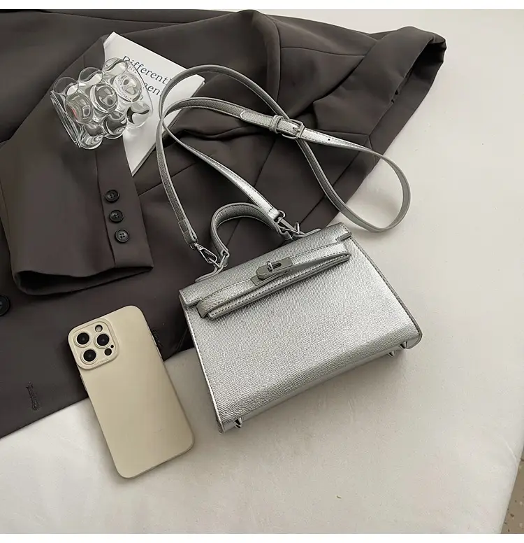 Textured Lock Handbag Women Beige Silver 2025 — feature 50