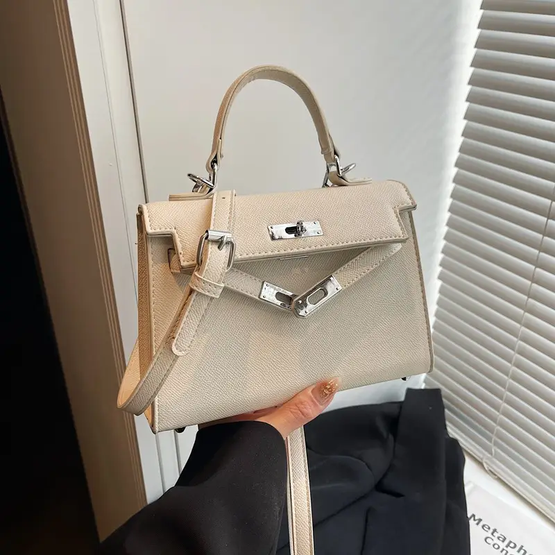 Textured Lock Handbag Women Beige Silver 2025