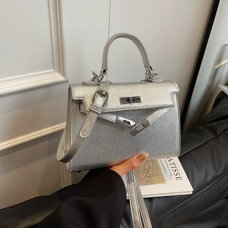 Textured Lock Handbag Women Beige Silver 2025