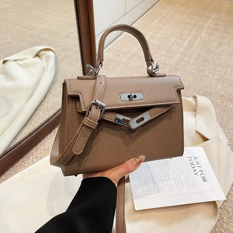 Textured Lock Handbag Women Beige Silver 2025