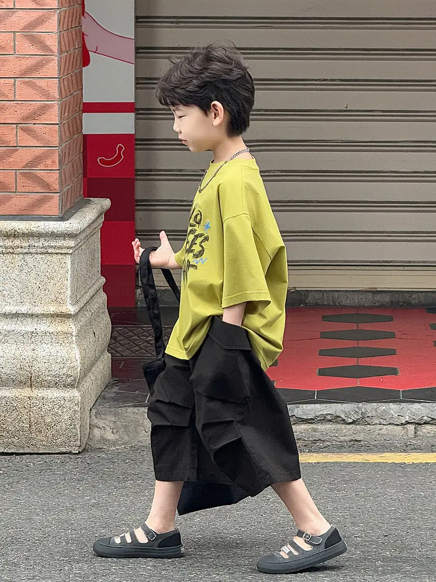 Boys Korean Style Short Sleeve T-Shirt Shorts Set Yellow Black 2025