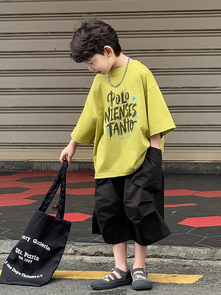 Boys Korean Style Short Sleeve T-Shirt Shorts Set Yellow Black 2025 — feature 16