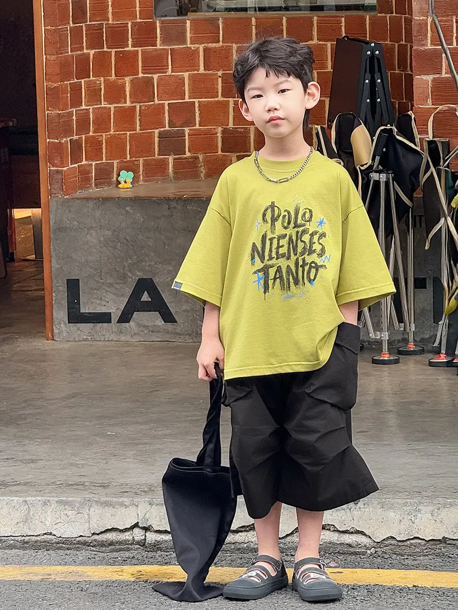 Boys Korean Style Short Sleeve T-Shirt Shorts Set Yellow Black 2025 — feature 19