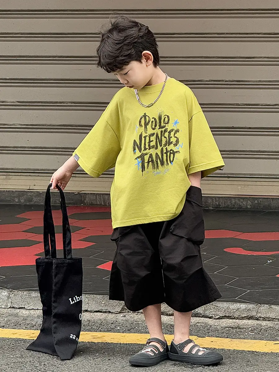 Boys Korean Style Short Sleeve T-Shirt Shorts Set Yellow Black 2025 — feature 21