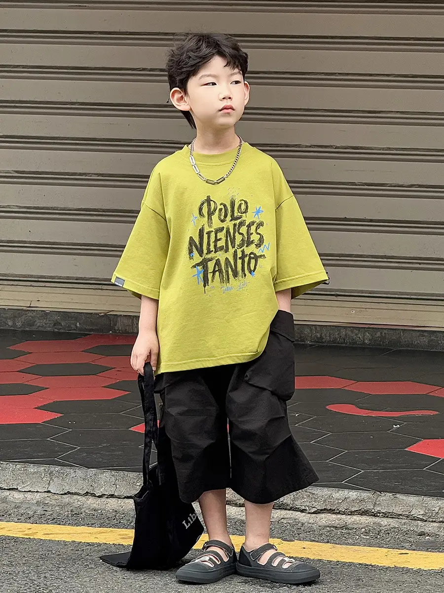 Boys Korean Style Short Sleeve T-Shirt Shorts Set Yellow Black 2025 — feature 23
