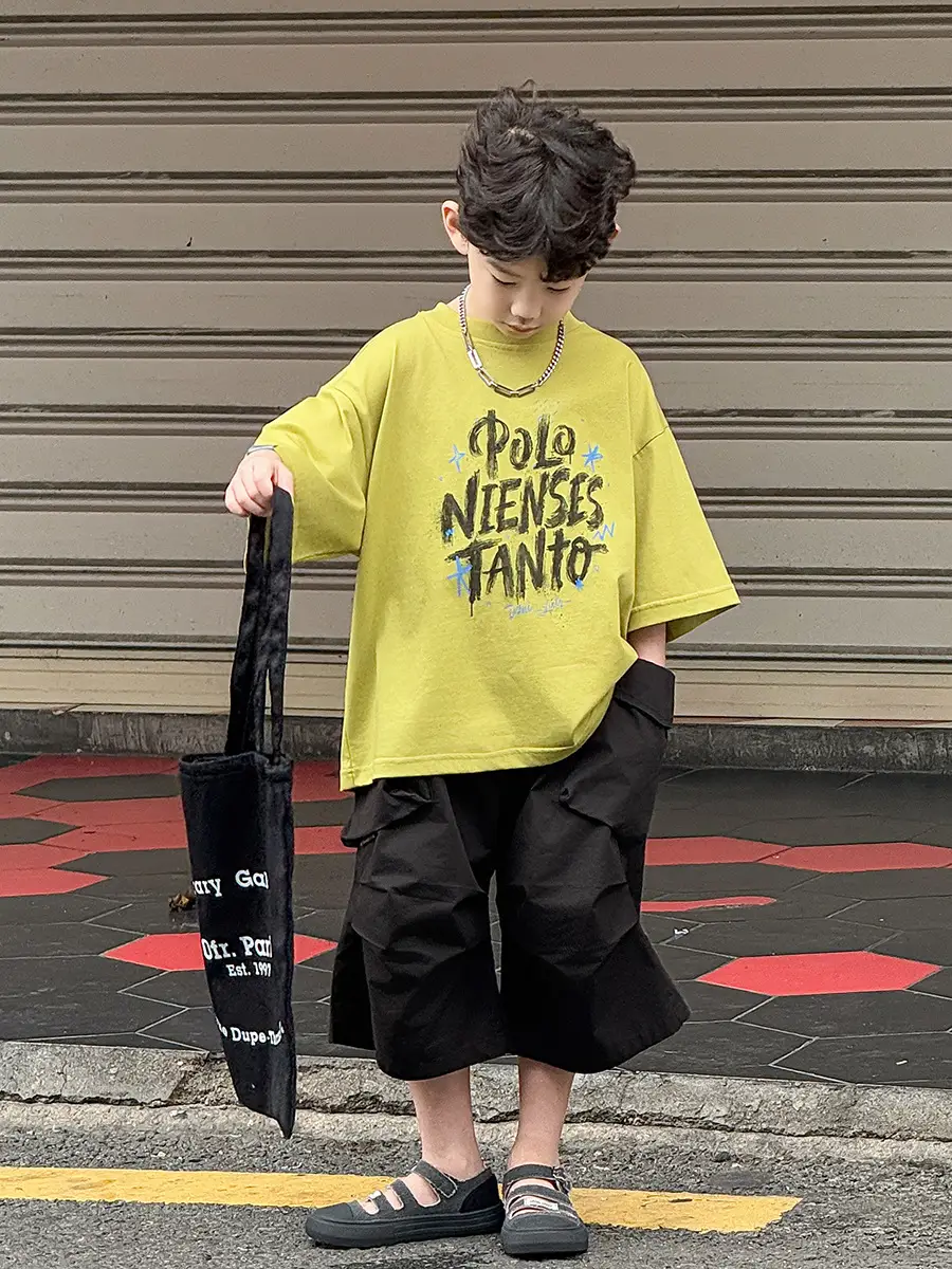 Boys Korean Style Short Sleeve T-Shirt Shorts Set Yellow Black 2025 — feature 24