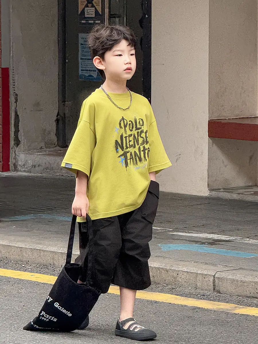 Boys Korean Style Short Sleeve T-Shirt Shorts Set Yellow Black 2025 — feature 25