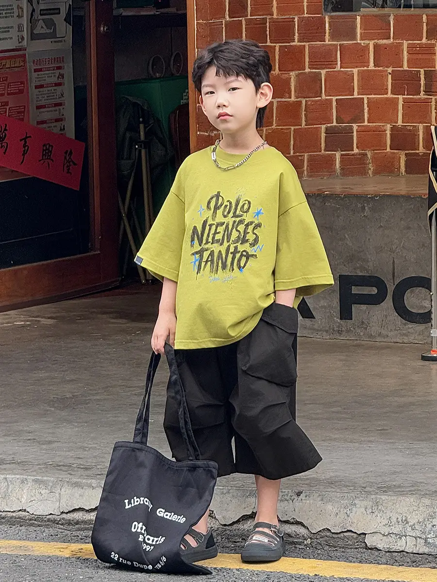 Boys Korean Style Short Sleeve T-Shirt Shorts Set Yellow Black 2025 — feature 26