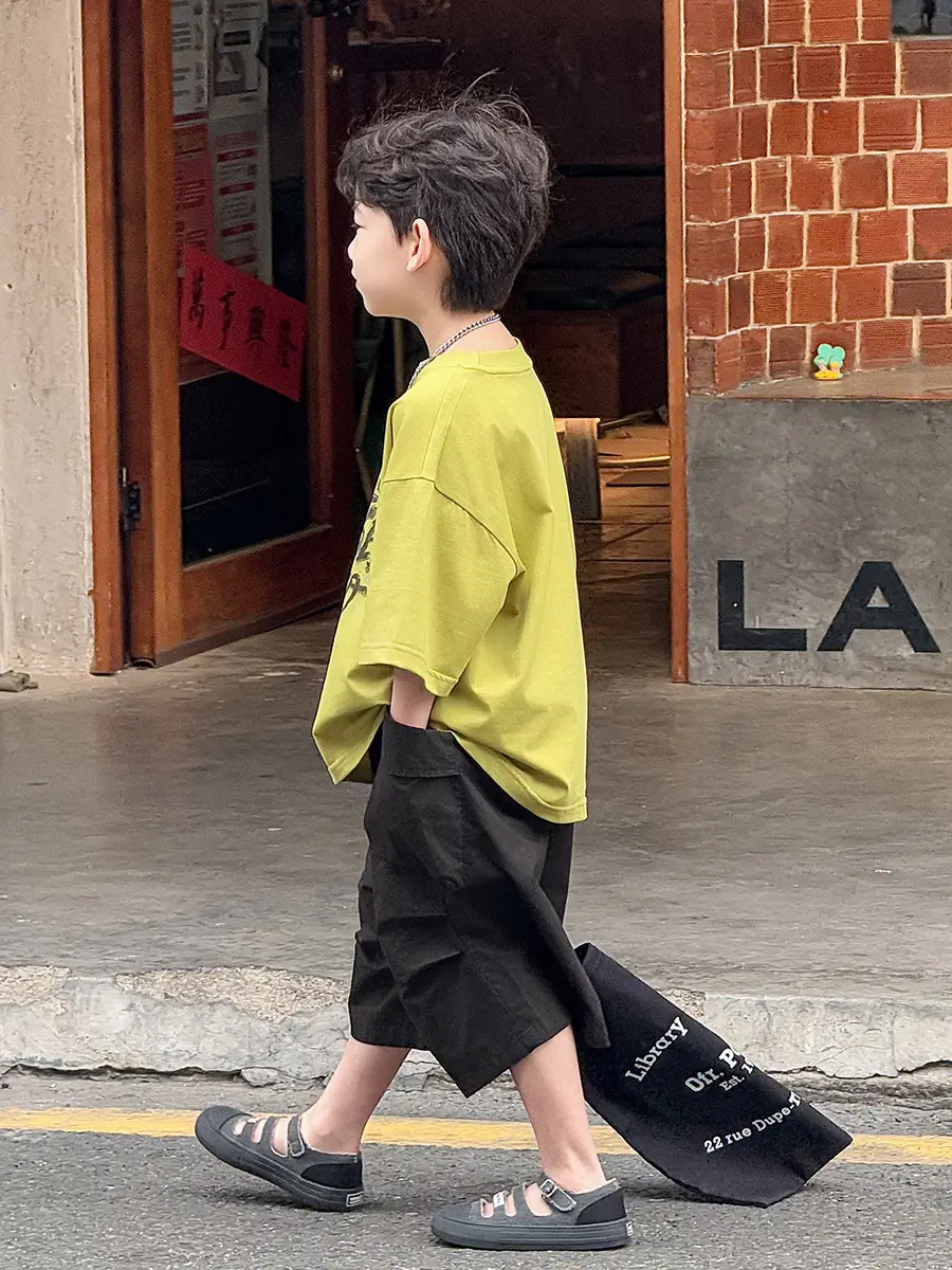 Boys Korean Style Short Sleeve T-Shirt Shorts Set Yellow Black 2025 — feature 27