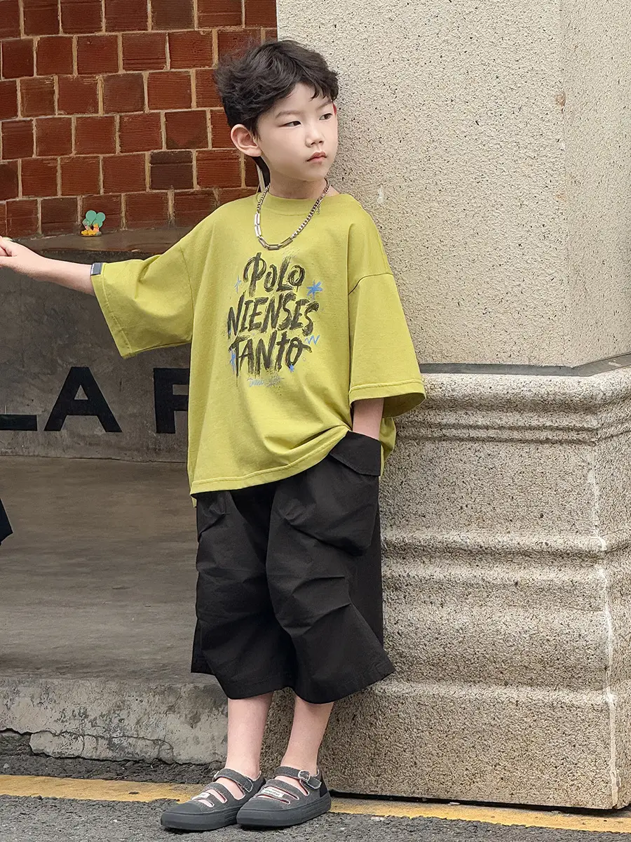 Boys Korean Style Short Sleeve T-Shirt Shorts Set Yellow Black 2025 — feature 28