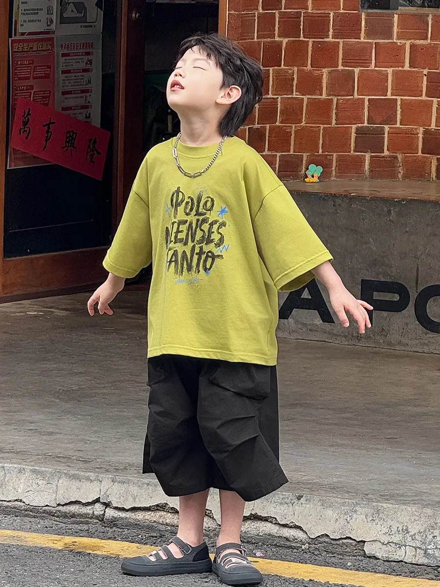 Boys Korean Style Short Sleeve T-Shirt Shorts Set Yellow Black 2025 — feature 29