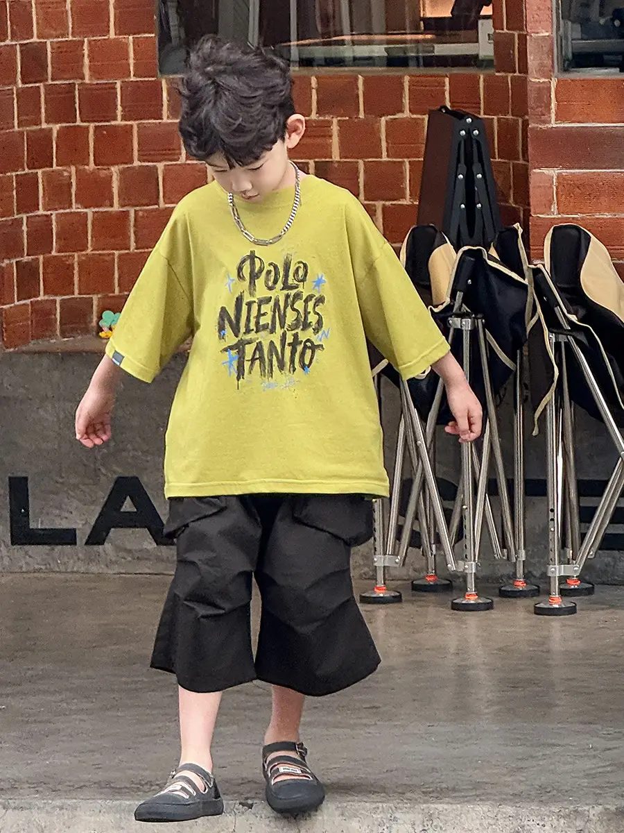 Boys Korean Style Short Sleeve T-Shirt Shorts Set Yellow Black 2025 — feature 30