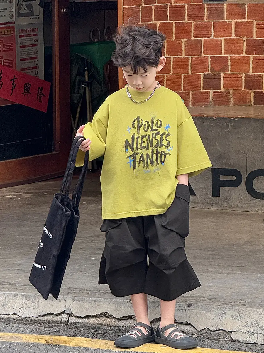Boys Korean Style Short Sleeve T-Shirt Shorts Set Yellow Black 2025 — feature 4