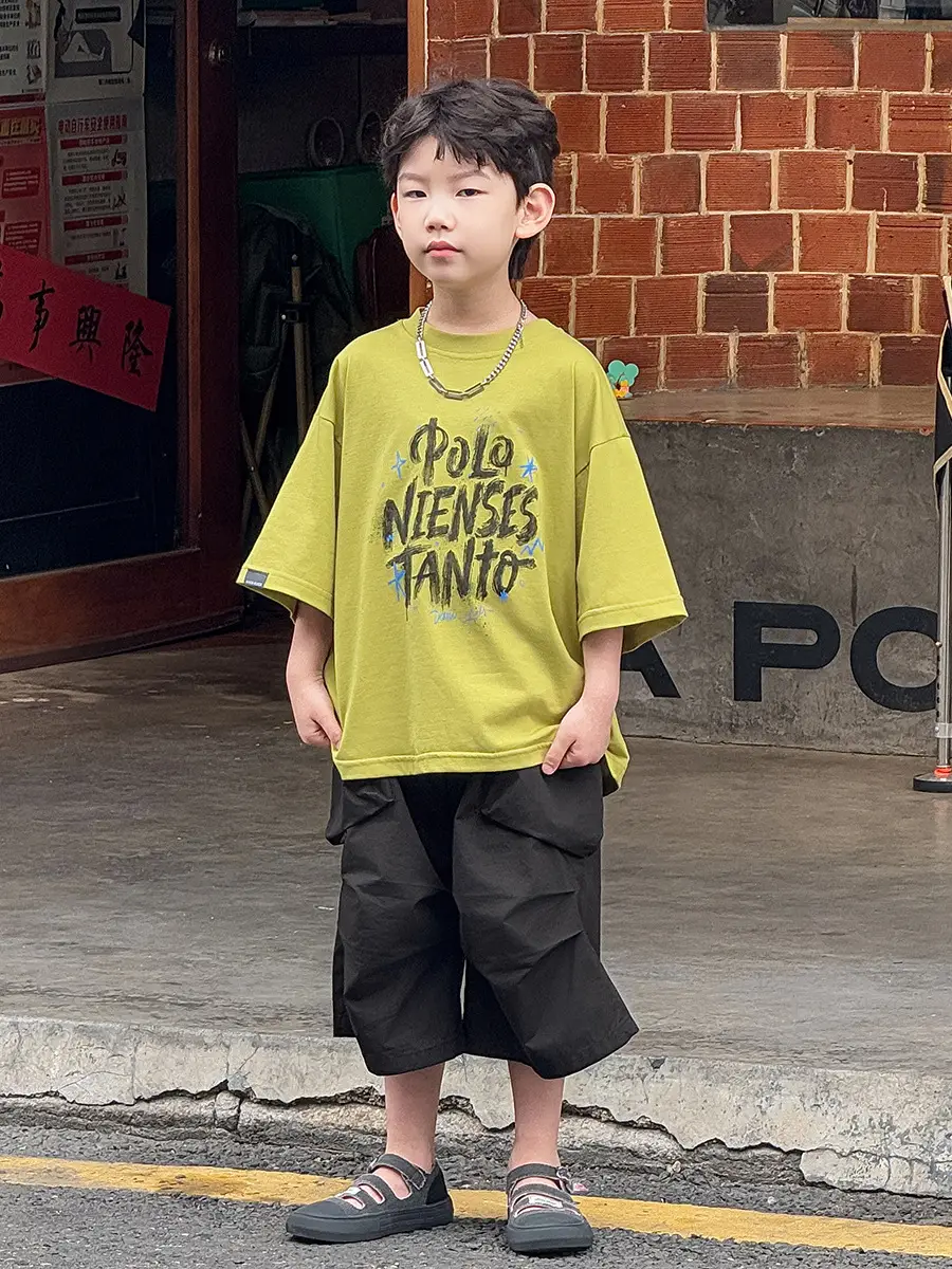 Boys Korean Style Short Sleeve T-Shirt Shorts Set Yellow Black 2025 — feature 6