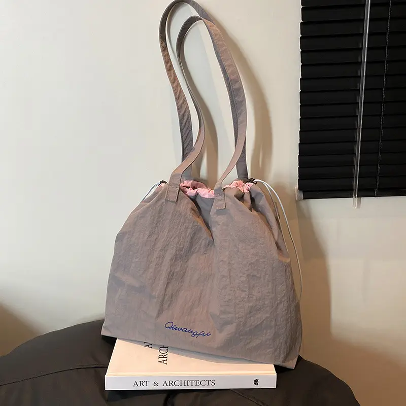 Korean Style Women's Shoulder Tote Bag 2025 Nylon Light Grey - Image 3