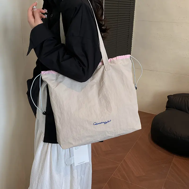 Korean Style Women's Shoulder Tote Bag 2025 Nylon Light Grey - Image 4