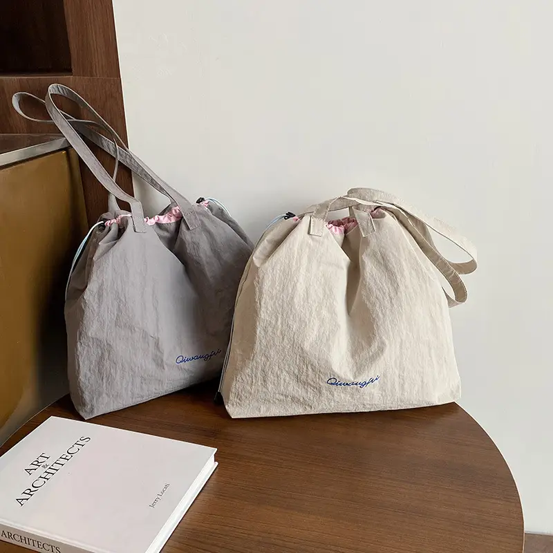 Korean Style Women's Shoulder Tote Bag 2025 Nylon Light Grey - Image 6