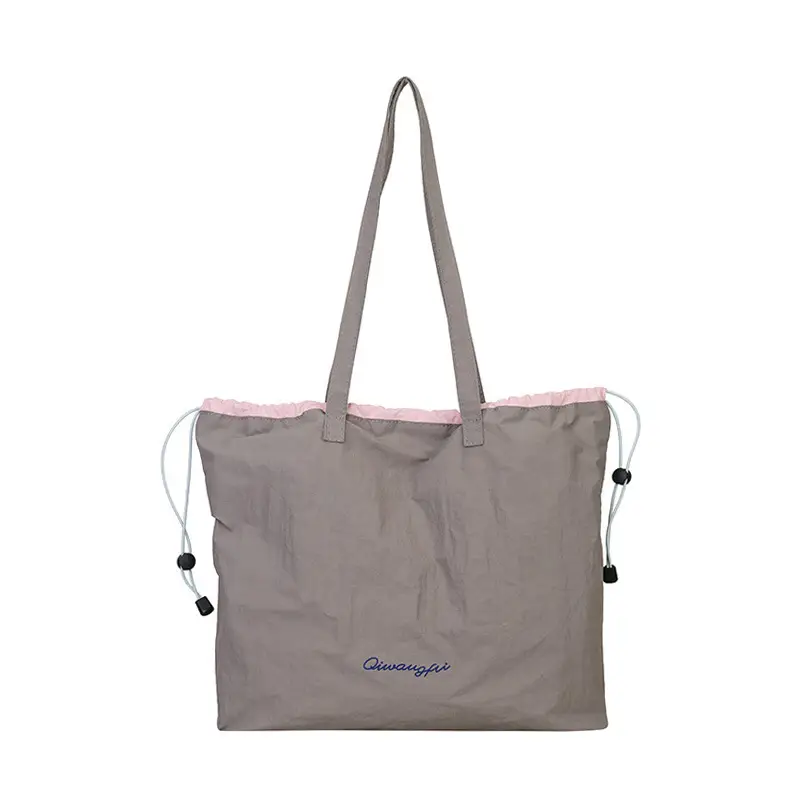 Korean Style Women's Shoulder Tote Bag 2025 Nylon Light Grey - Image 7