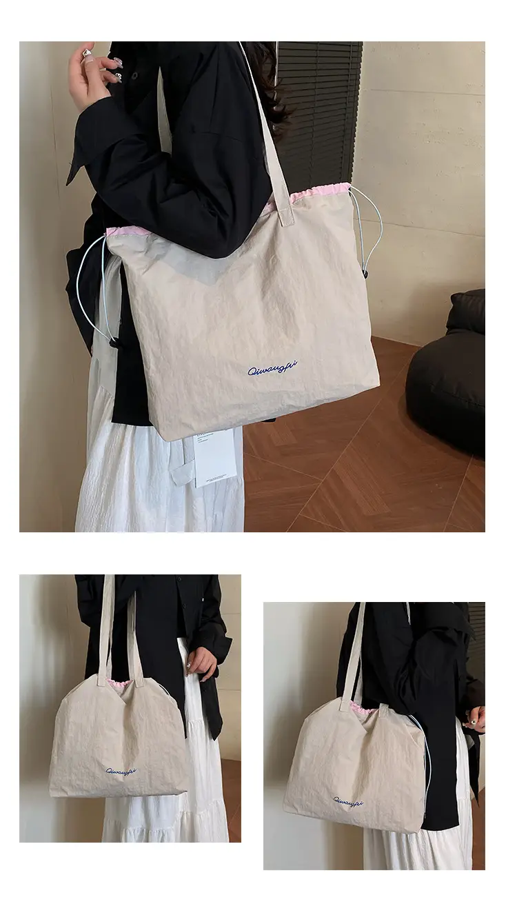 Korean Style Women's Shoulder Tote Bag 2025 Nylon Light Grey — feature 16